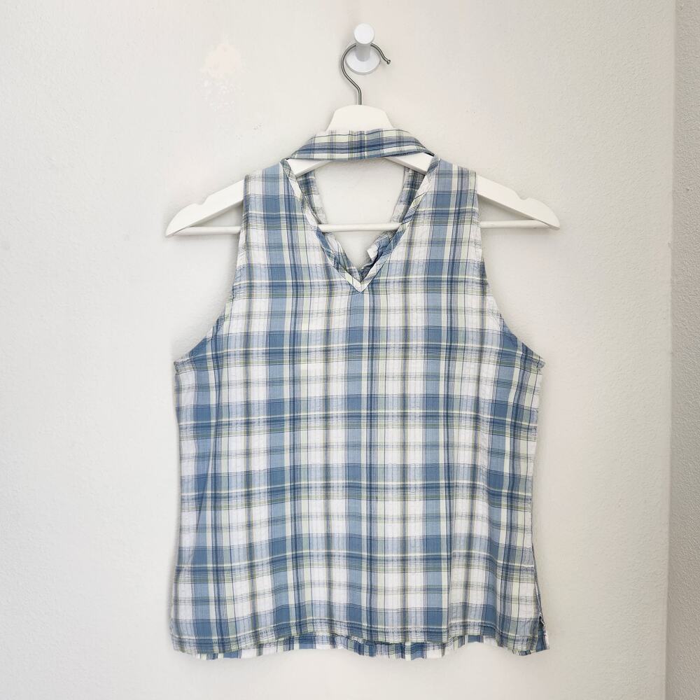 Vintage Y2K Faded Glory Blue White Plaid Sleeveless Button Down Top S Cottage - Picture 9 of 9